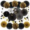 21 Pieces Party Decoration, Black and Gold Hanging Paper Fans, Pom Poms Flowers, Garlands String Polka Dot and Triangle Bunting Flags for Birthday Parties Wedding Décor, Table & Wall Decorations